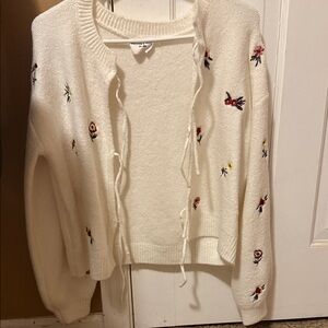 Embroidered White Cardigan Sweater